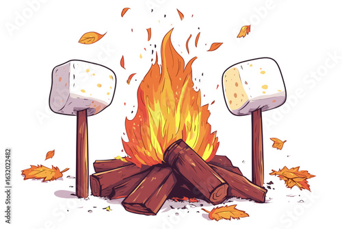 Cozy Campfire with Marshmallows and Autumn Leaves