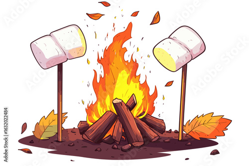 Cozy Campfire with Marshmallows and Autumn Leaves