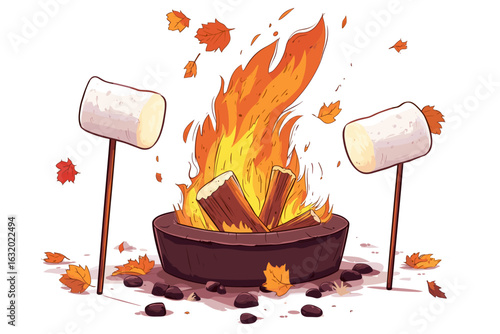 Cozy Campfire with Marshmallows and Autumn Leaves