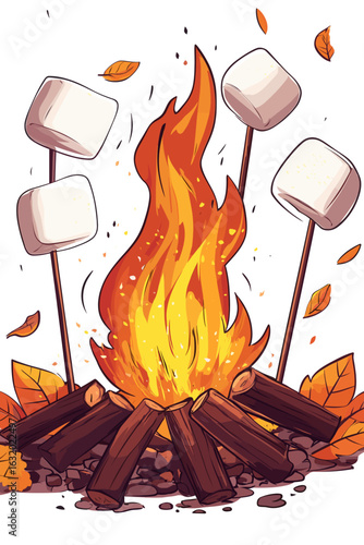 Cozy Campfire with Marshmallows and Autumn Leaves