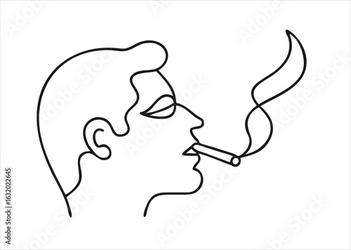 A minimalist single line drawing depicting a person exhaling smoke from a cigarette isolated on white background