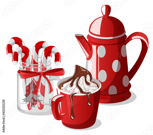 Hot Cocoa with Teapot and Candycanes in Mason Jar - Festive Holidays Dessert Vector illustration