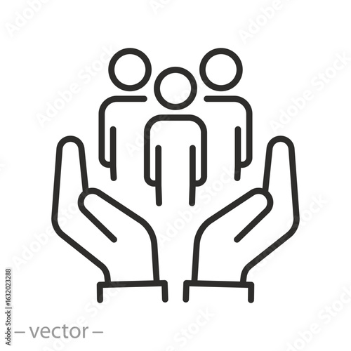 hands holding group people, social support, life insurance concept, social inclusion, community care, thin line symbol on white background - editable stroke vector illustration