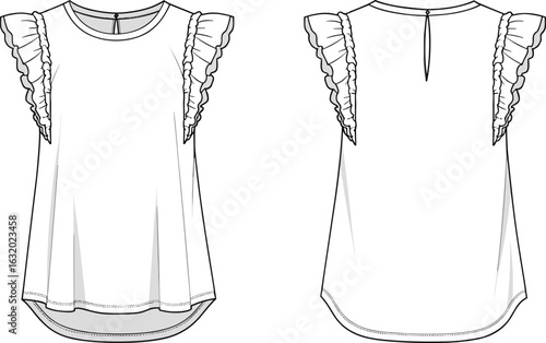 Sleeveless ruffle top flat sketch with frill armhole detail, back button keyhole, curved hem blouse fashion vector drawing