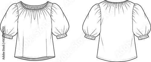Flat fashion technical drawing of puff sleeve top with gathered neckline, elastic cuff blouse, front and back vector view