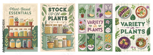 Set of four posters promoting plant-based diet with colorful illustrations