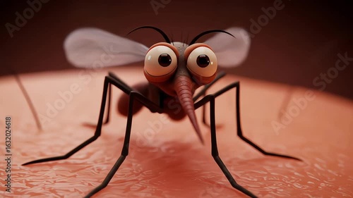 HD Animation of Surprised Cartoon Mosquito on Human Skin 