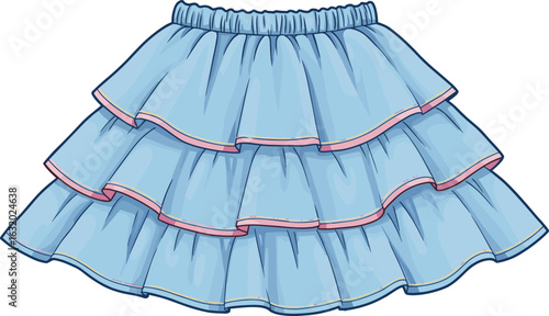 Blue layered ruffle skirt for girls with elastic waistband, cute kidswear fashion flat vector illustration, stylish children clothing design