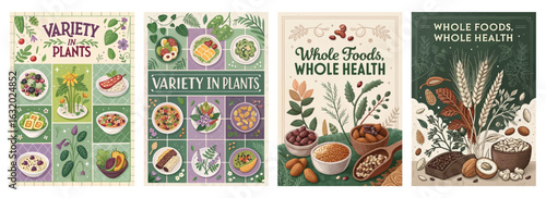 Set of four posters featuring vibrant plant-based food illustrations