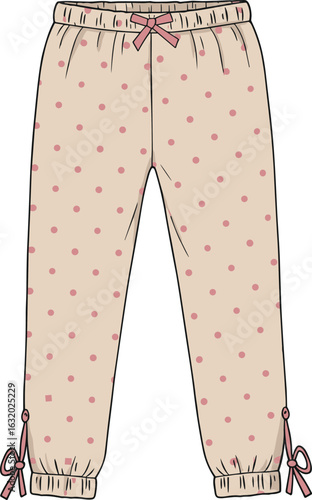 Cute polka dot pajama pants with bow tie details and elastic waistband, girls sleepwear fashion CAD vector illustration