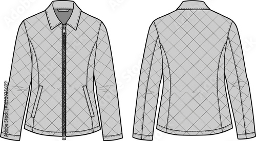 Stylish quilted jacket CAD drawing, front and back view, detailed vector illustration, fashion design template, outerwear technical sketch