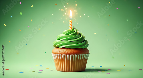 Celebratory single cupcake adorned with vibrant green frosting and a softly glowing candle
