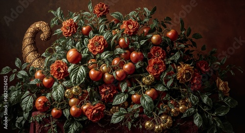 Still life arrangement featuring tomatoes, roses, leaves, and a golden cornucopia on a dark surface