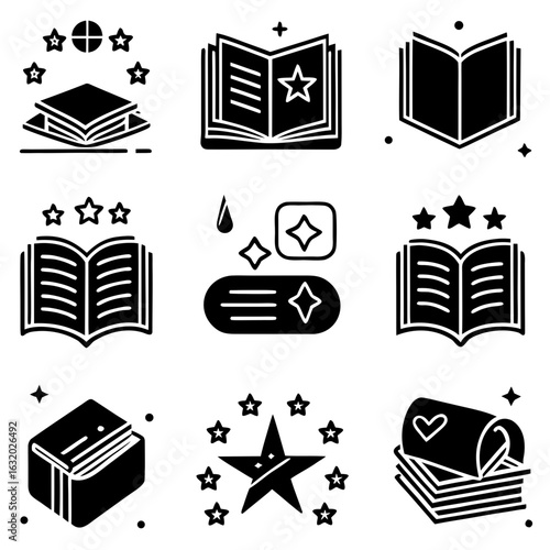 Set of Black Silhouette Icons Representing Books and Learning open book closed book
