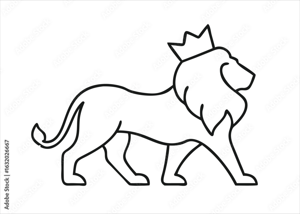 Fototapeta premium Majestic lion head in a single continuous line art drawing style with a regal crown isolated on white background