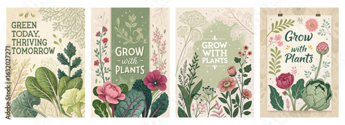 Set of four posters featuring vintage botanical designs with quotes