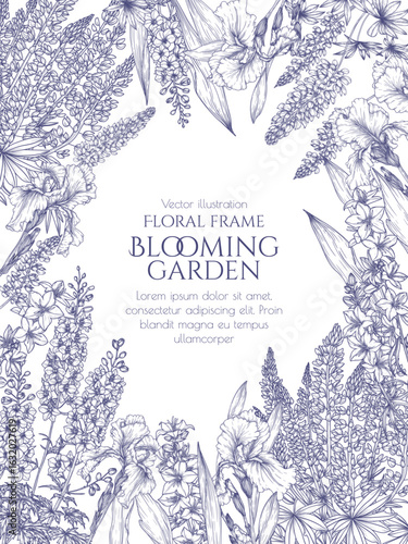 Vector floral frame in engraving style. Iris, lupine and campanula. Floral wedding invitation template. Poster with summer garden flowers