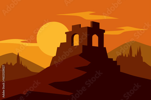 hilltop ruins sunset golden nature old stone