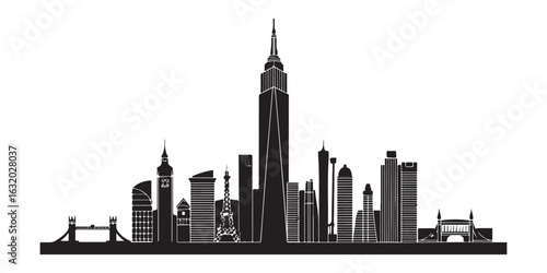 A black and white skyline silhouette featuring various iconic landmarks and tall buildings in a row