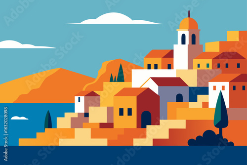 coastal town light sea mediterranean sunset