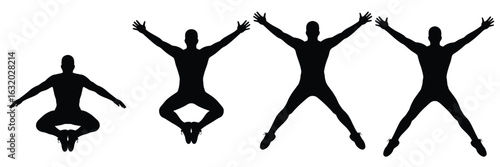 Four black silhouettes of a man in jumping poses exercise