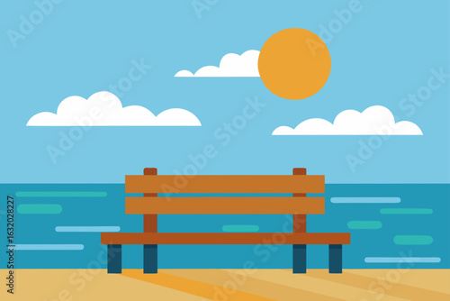 seaside lookout wooden bench sun