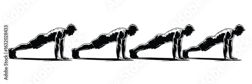 Four men performing push ups in a line male fitness