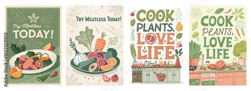 Set of four posters featuring vibrant plant-based dishes and vegetables