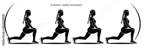 Woman performing dynamic lunge exercise sequence silhouette
