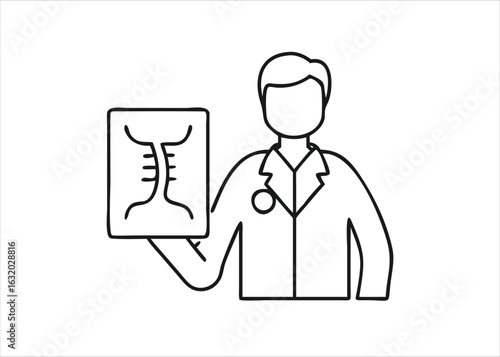 A single line art depiction of a medical professional examining an x ray image with a focus on anatomical details isolated on white background