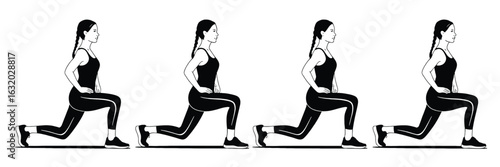 Woman performing lunges exercise sequence black and white illustration