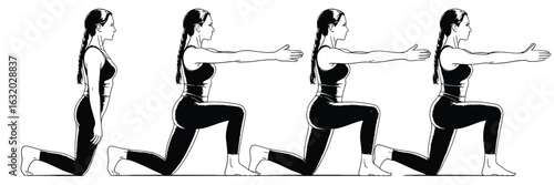 Woman performing lunges in sequence black and white illustration