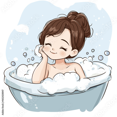 Relaxing cartoon girl in a bubble bath