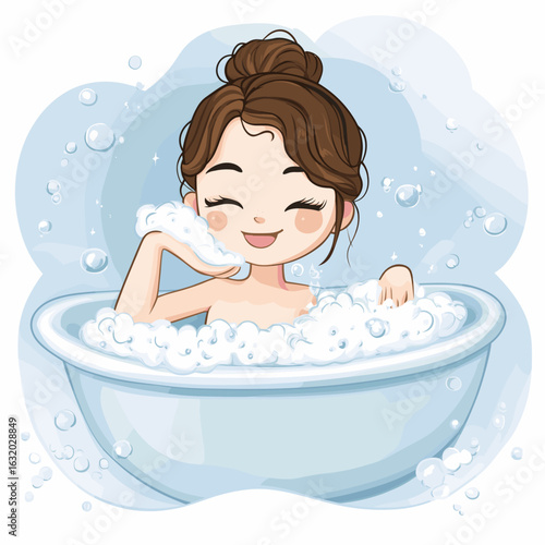 Relaxing cartoon girl in a bubble bath