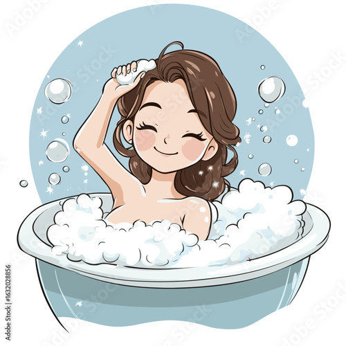 Relaxing cartoon girl in a bubble bath