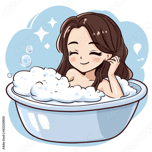 Relaxing cartoon girl in a bubble bath