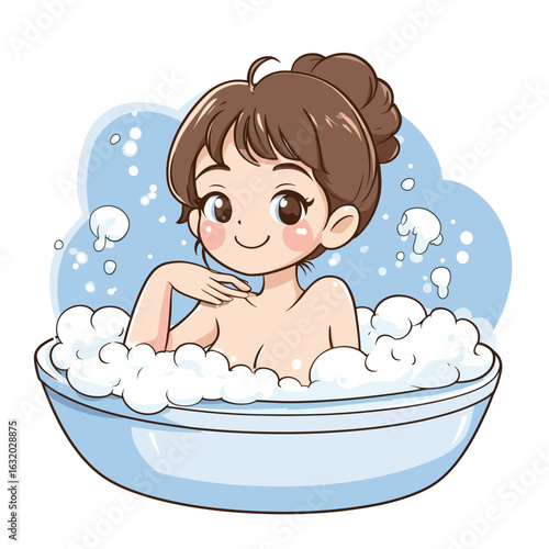 Relaxing cartoon girl in a bubble bath