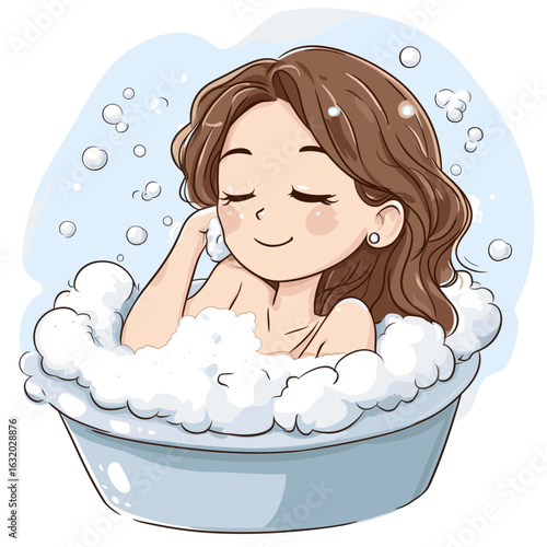 Relaxing cartoon girl in a bubble bath