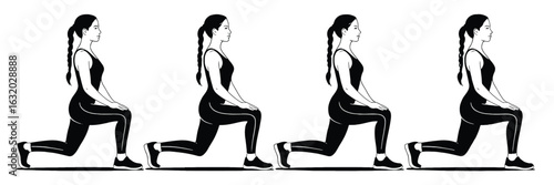 Woman performing lunges exercise sequence black and white illustration
