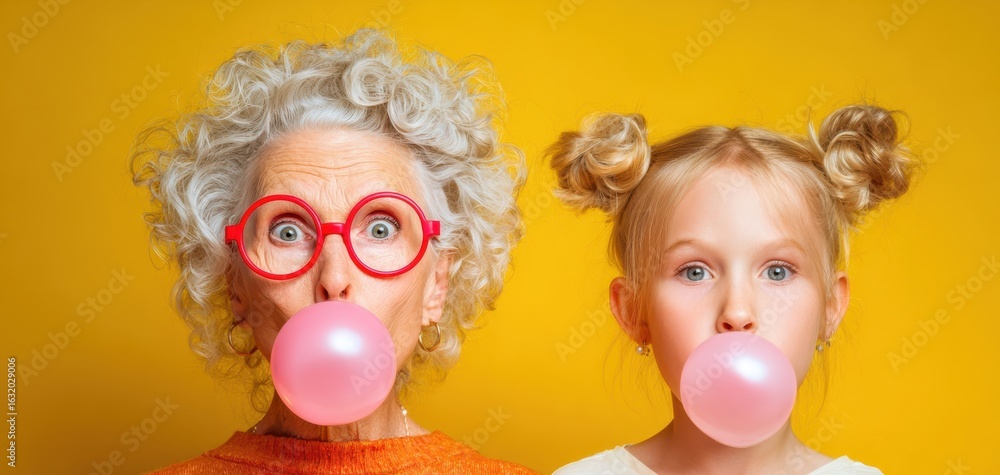 Fototapeta premium The playful moment of a grandmother and granddaughter blowing bubblegum.