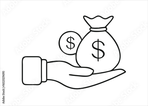 A single line drawing illustration of a hand holding a money bag with a dollar sign presented isolated on white background