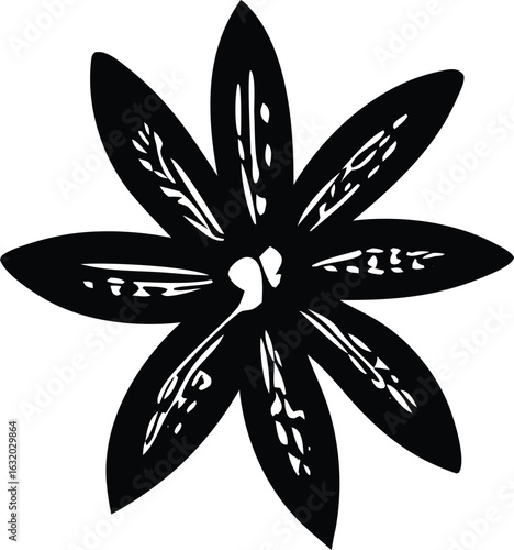 Stylized black and white illustration of a star anise pod with detailed petal veins