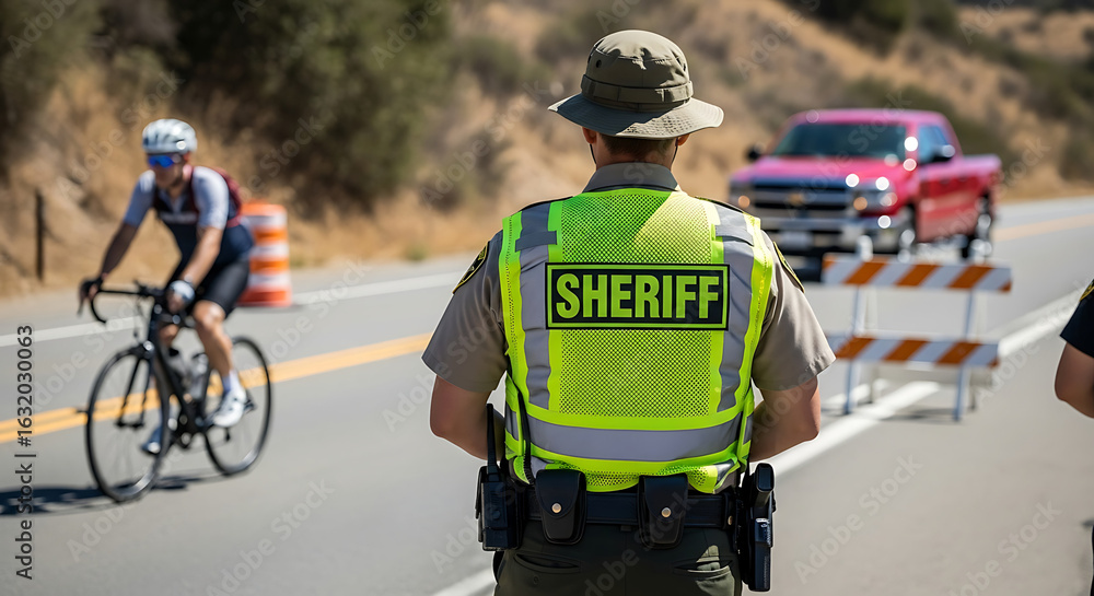 Obraz premium Sheriff Deputy Oversees Roadside Safety During Cycling Event