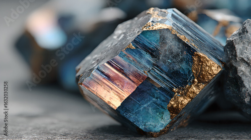 Raw rare earth mineral crystals on the weathered crust of yellow brown granite exhibit metallic reflections, showcasing strategic mineral resources and industrial clean energy materials.