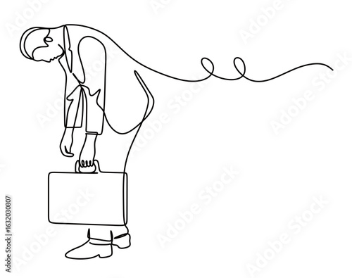 continuous line art of a man in a work suit feeling tired after working overtime. tired after working overtime