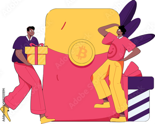 Excited for crypto rewards and gifts, two people celebrate the future of digital currency, showing off bitcoin and blockchain innovation, a modern take on finance and technology