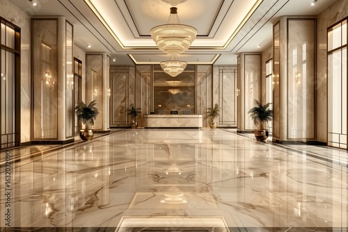 Elegant and luxurious hotel lobby with marble floors and stylish decor, perfect for showcasing modern architecture.