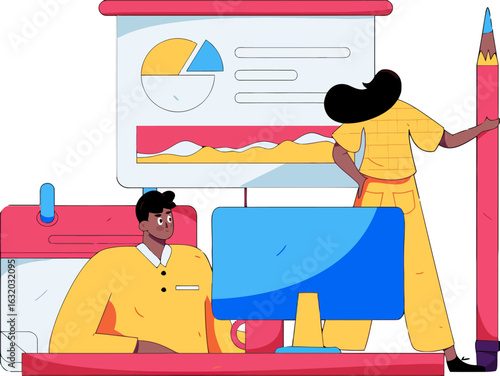 Dynamic team collaboration driving growth with insightful data presentation and planning, perfect for showcasing teamwork, business strategy, and project management successes