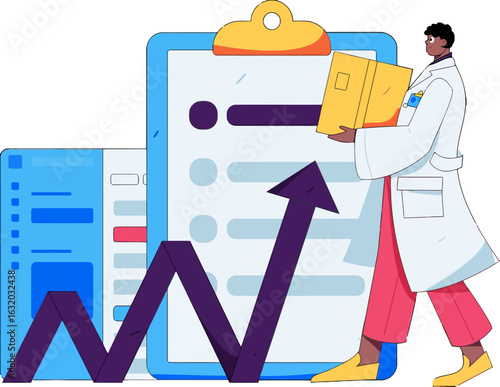 Dynamic doctor showcasing positive business growth with modern data analysis, presenting innovative healthcare solutions and advanced medical research for improved patient outcomes