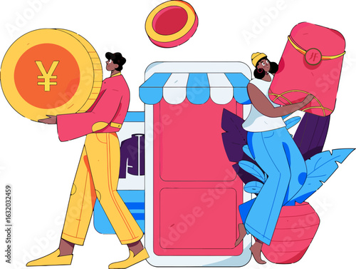 Modern illustration of online shopping with diverse characters and a digital storefront, showcasing currency and fashion, ideal for e-commerce and financial technology marketing, a vibrant and engagin